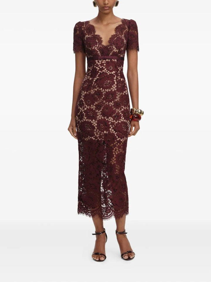 Burgundy Floral Lace Midi Dress