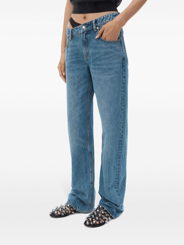 Pre-Styled Denim Jeans With Asymmetrical Lace Waistband