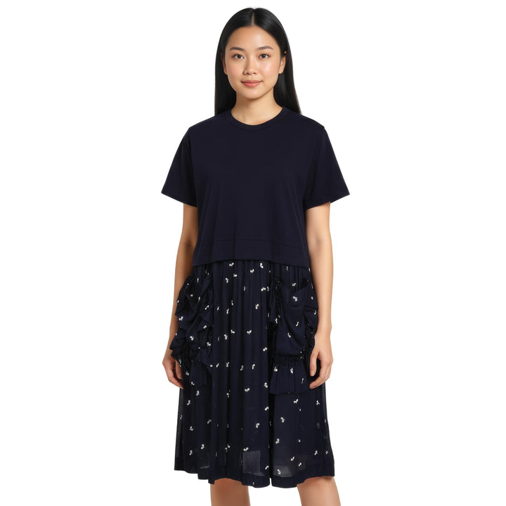 Club21 - COMME des GARCONS GIRL - Side Frills Leaf Pattern Dress - WOVEN DRESSES - Navy