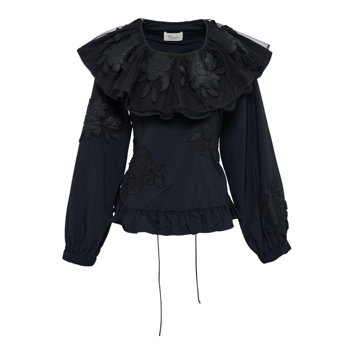 Club21 - Caroline Hu - Black Ruffle Floral Embroidery Top - WOVEN TOPS - Black