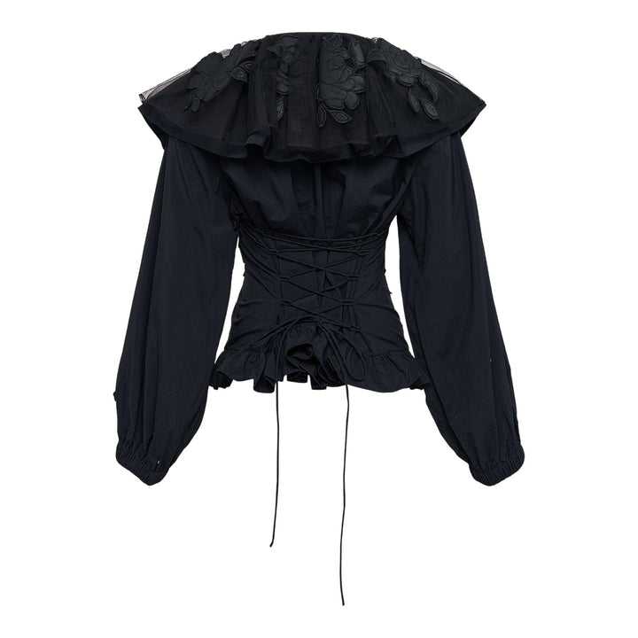 Club21 - Caroline Hu - Black Ruffle Floral Embroidery Top - WOVEN TOPS - Black