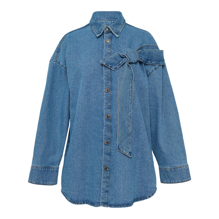 Club21 - MSGM - Ribbon Detail Denim Button-Up Blouse - BLOUSES - Denim