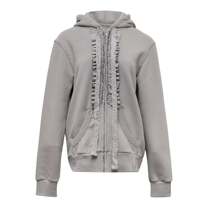 Club21 - NACHE - Ruffle Hoodie Zip-Up Light Gray - SWEATERS - Light Grey