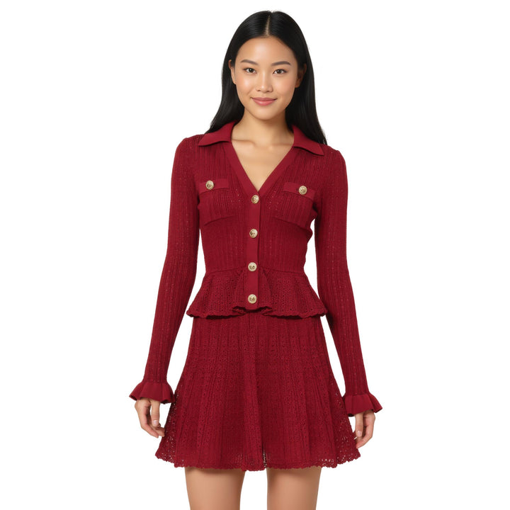 Club21 - Self-Portrait - Burgundy Pointelle Knit Mini Dress - DRESSES - Burgundy