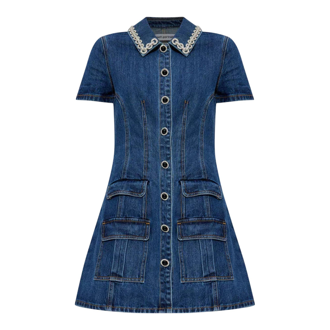 Club21 - Self-Portrait - Denim Crystal Trim Collared Mini Dress - DENIM DRESSES - Blue