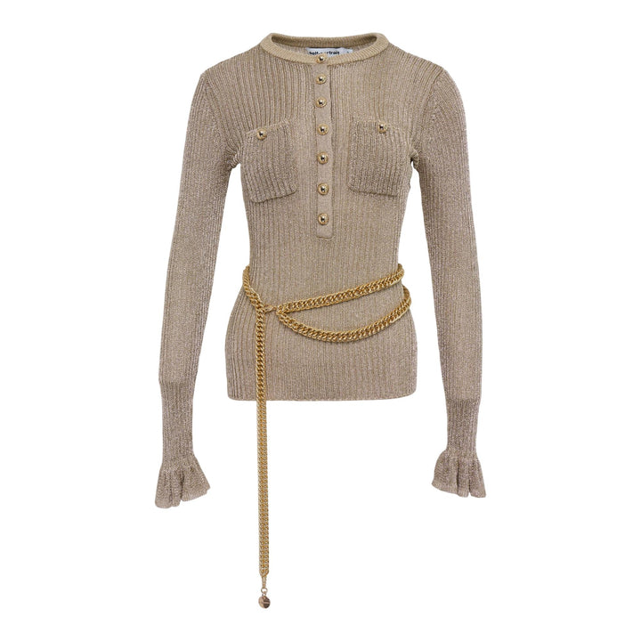 Club21 - Self-Portrait - Gold Lurex Ribbed Knit Top - KNIT TOPS - Gold