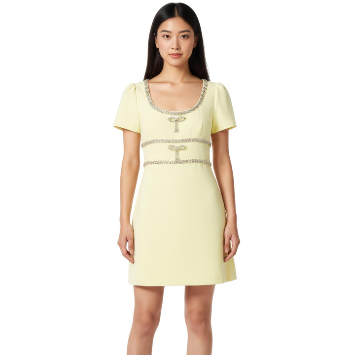 Club21 - Self-Portrait - Yellow Crepe Crystal Trim Mini Dress - DRESSES - Yellow