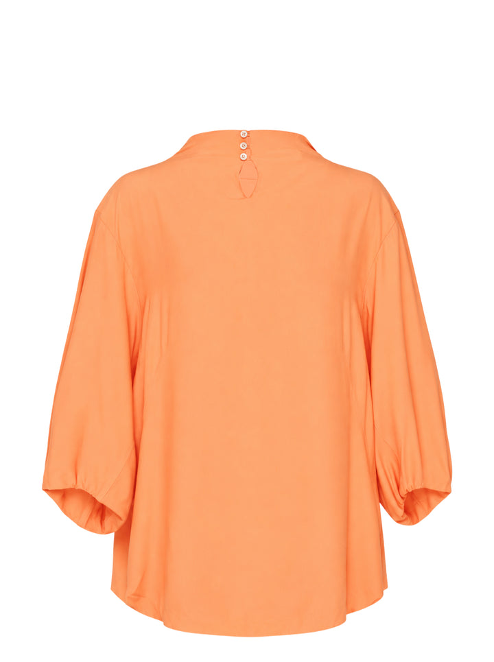 Dries Van Noten Clari orange blouse with funnel neckline and balloon three-quarter sleeves, shown front view - view 2