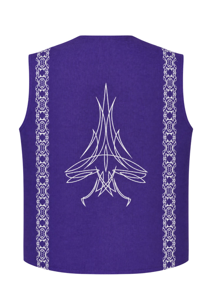 Youths in Balaclava purple canvas vest with cream pinstripe embroidery on the chest, arrow-shaped pockets and three metal buttons - view 2