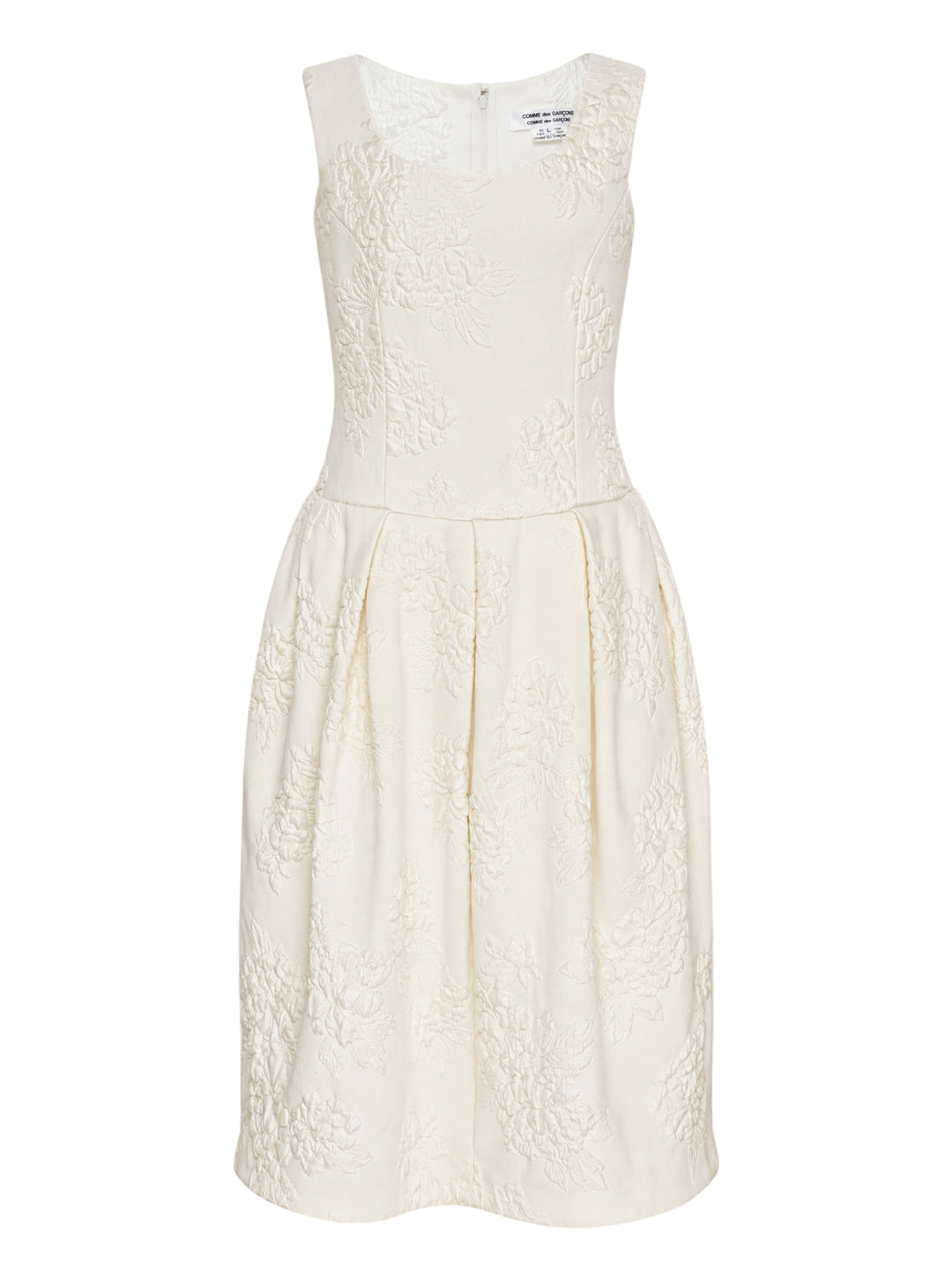Cream sleeveless Comme des Garçons Comme des Garçons dress in raised floral jacquard with a fitted bodice and pleated skirt