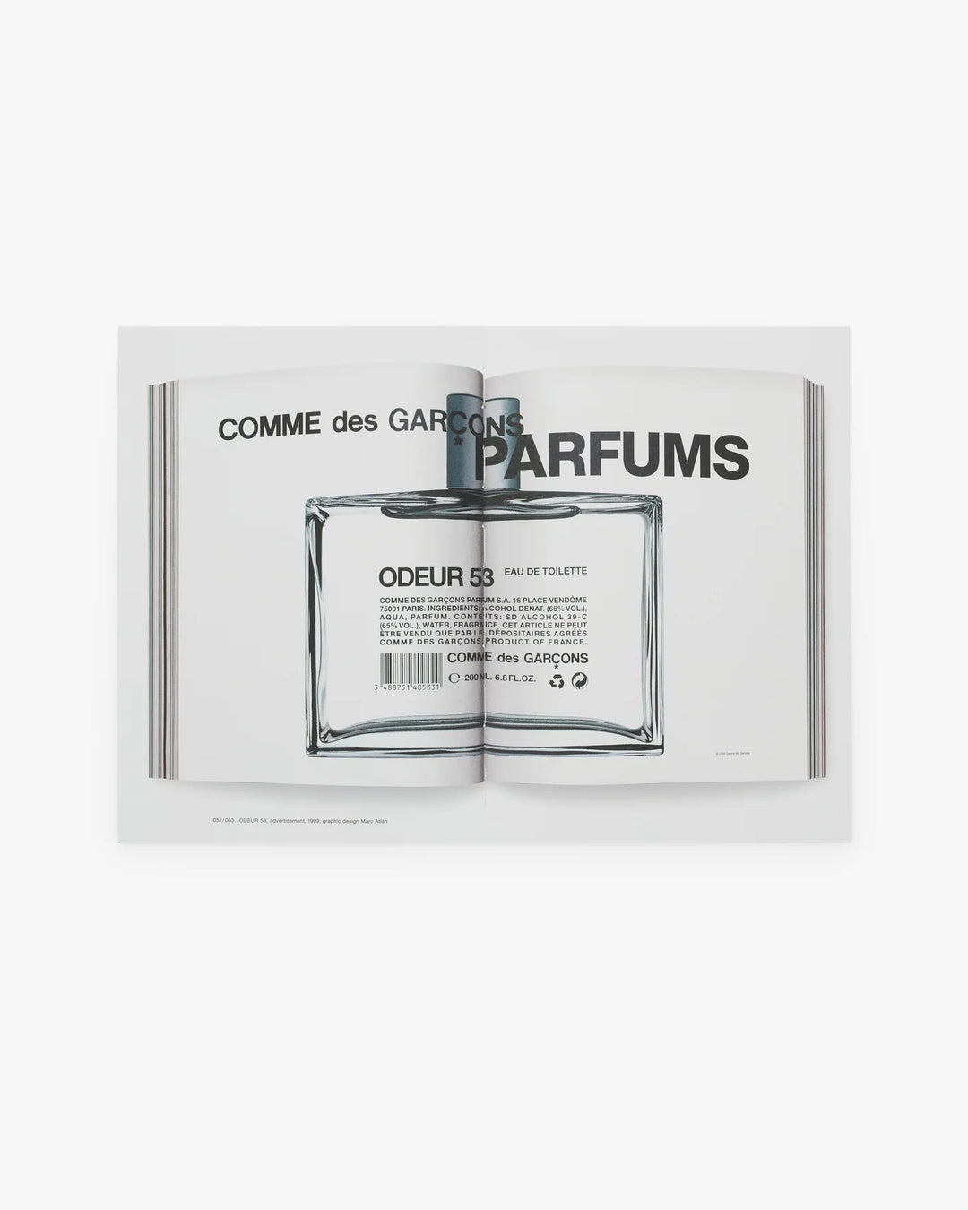 Cover of the Comme des Garçons Parfums 1994–2025 book by Dino Simonett, showing a close-up of an amber Eau de Parfum bottle on a pale grey background - view 4