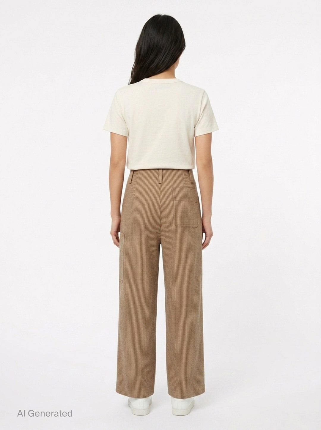 3.1 Phillip Lim Curved Tweed Wide-Leg Pants in micro houndstooth camel weave, featuring a high waist, belt loops, cargo patch pocket, and wide flared hem — rear product view on white background - back