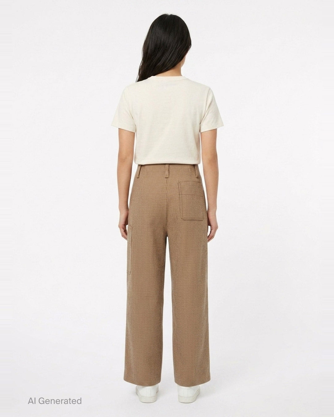 3.1 Phillip Lim Curved Tweed Wide-Leg Pants in micro houndstooth camel weave, featuring a high waist, belt loops, cargo patch pocket, and wide flared hem — rear product view on white background - back