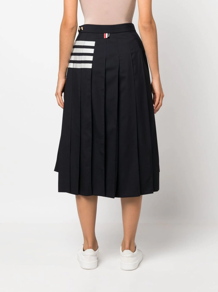 Navy Wool Plain Weave Pleated 4-Bar Skirt