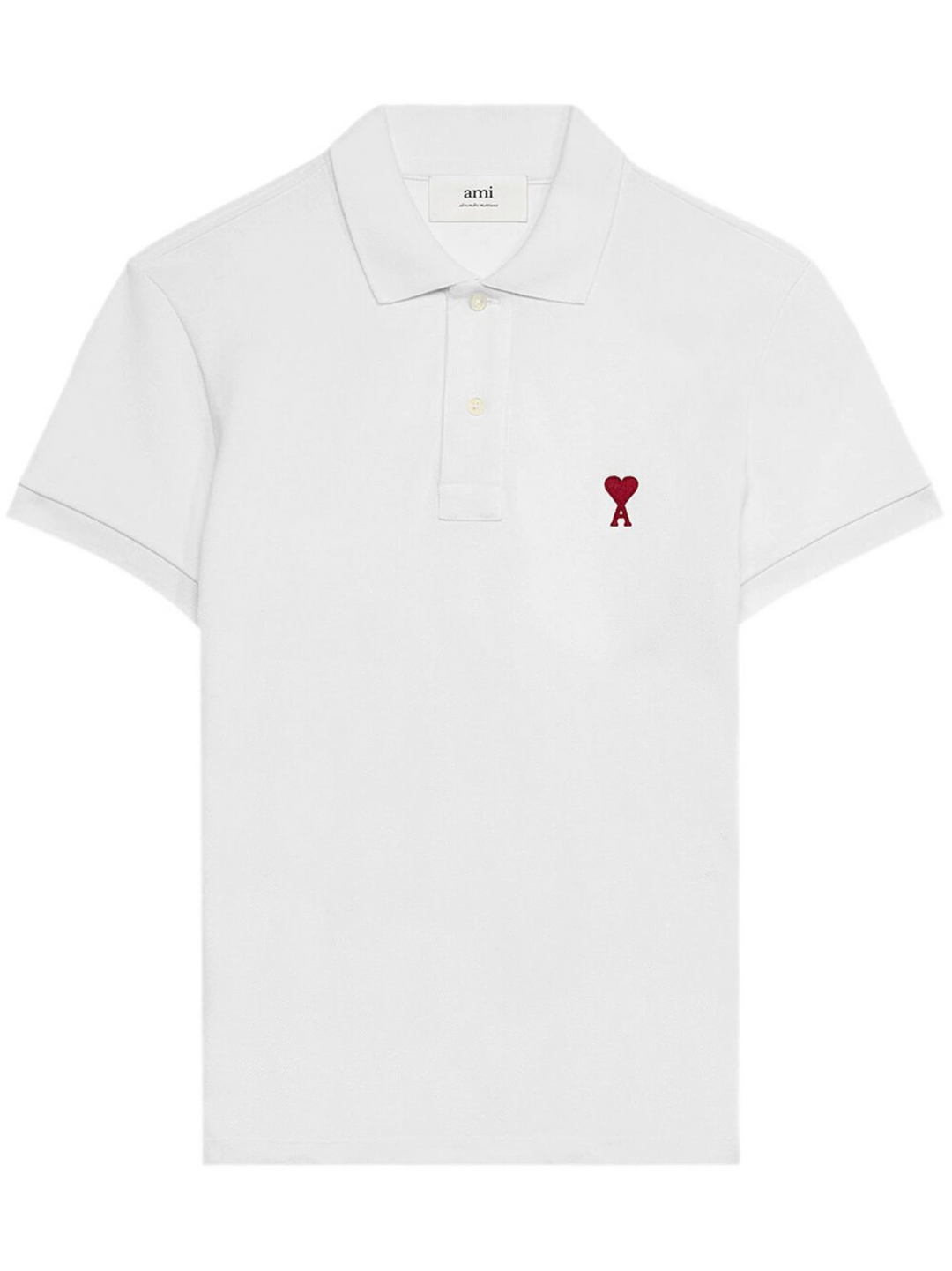 AMI De Coeur white polo shirt with red heart-A logo embroidery at the chest, front view