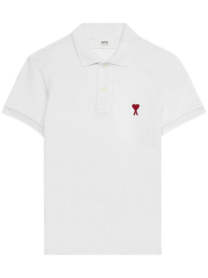 AMI De Coeur white polo shirt with red heart-A logo embroidery at the chest, front view