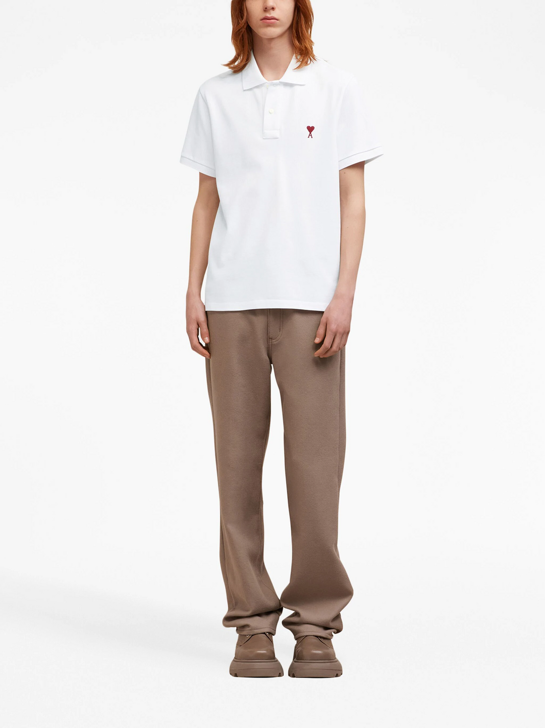 AMI De Coeur white polo shirt with red heart-A logo embroidery at the chest, front view