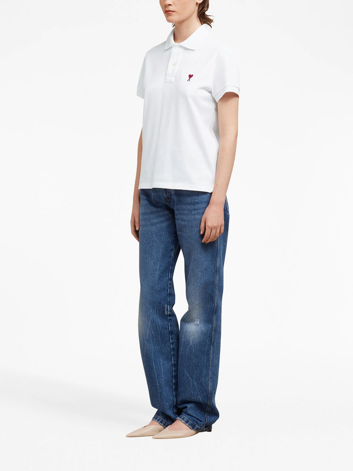 AMI De Coeur white polo shirt with red heart-A logo embroidery at the chest, front view