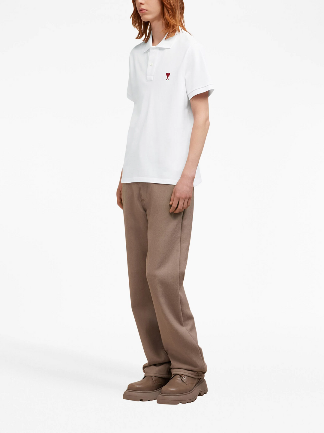 AMI De Coeur white polo shirt with red heart-A logo embroidery at the chest, front view
