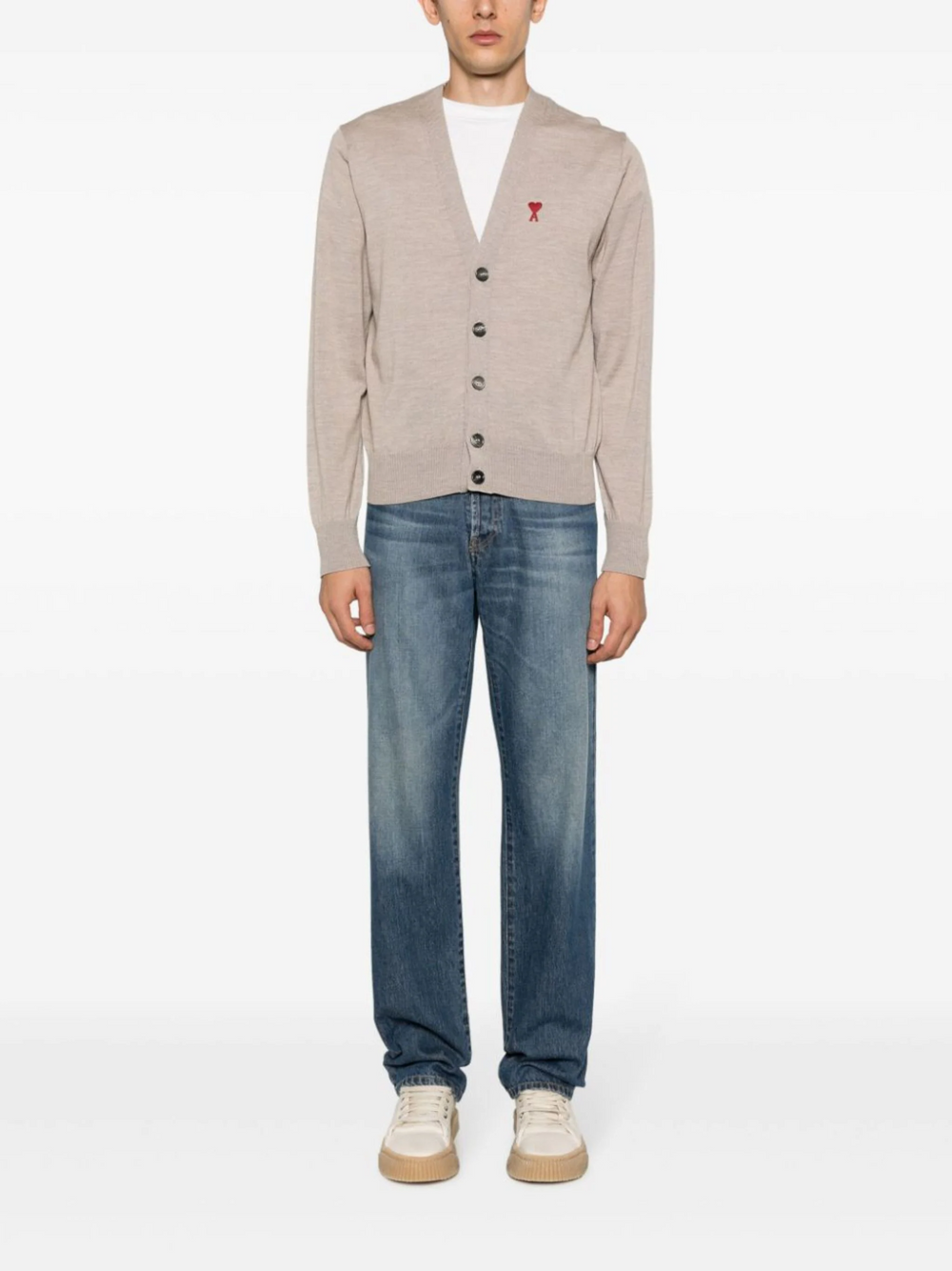 AMI Paris De Coeur taupe V-neck cardigan with red embroidered heart logo and dark shell buttons