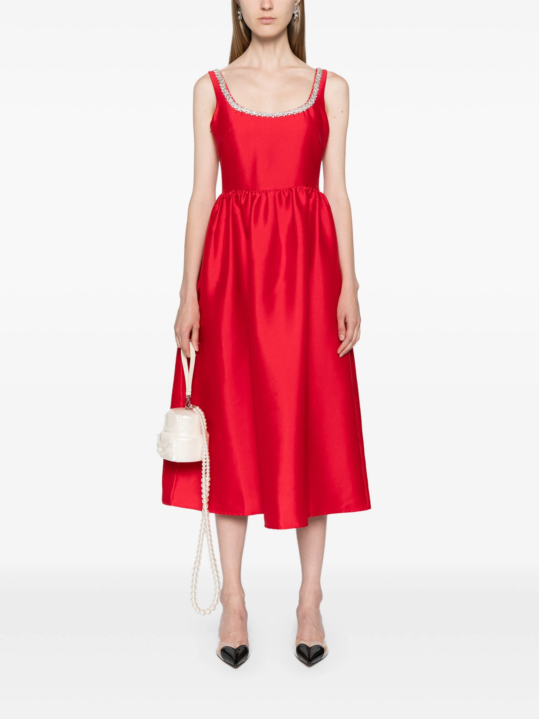 Red Taffeta Diamante Midi Dress