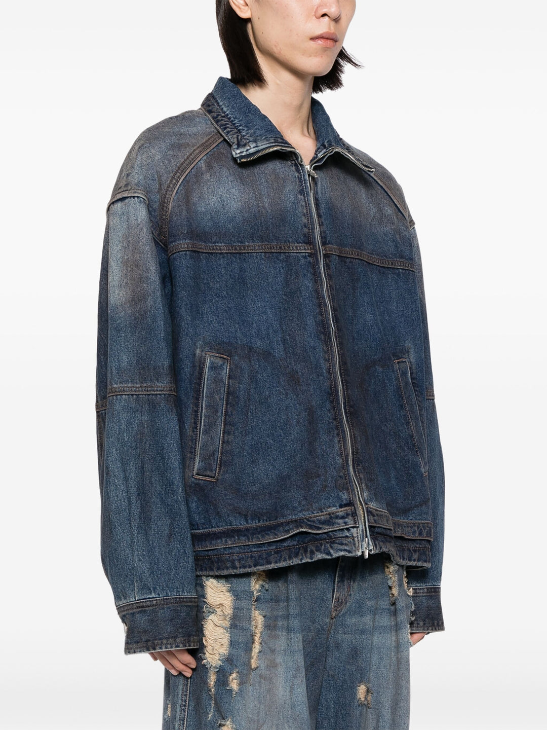 Oil-Washed Denim Zip-Up Shirt