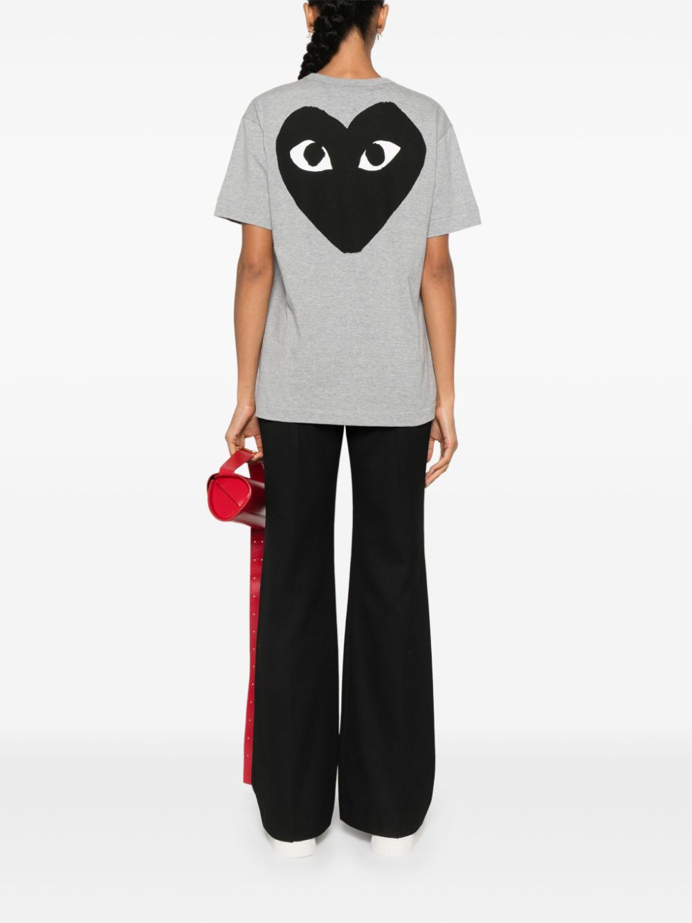 Comme des Garçons PLAY Logo Tee in heather grey with black PLAY Comme des Garçons print on chest, flat lay on white background