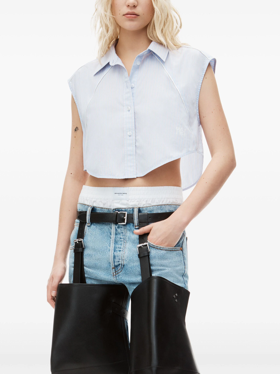 Cropped Sleeveless Button-Up Shirt In Cotton