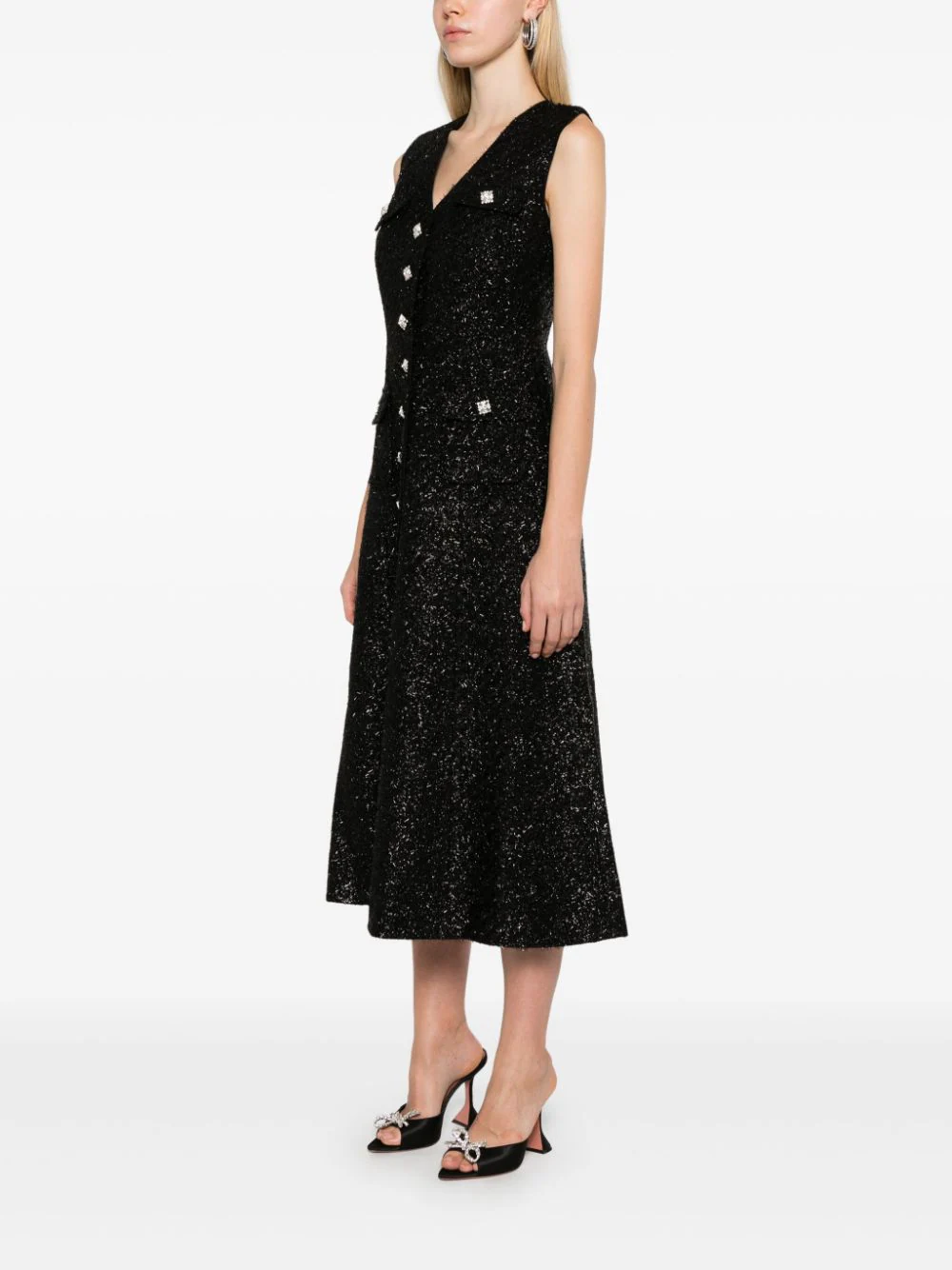 Black Tinsel Boucle Buttoned Midi Dress