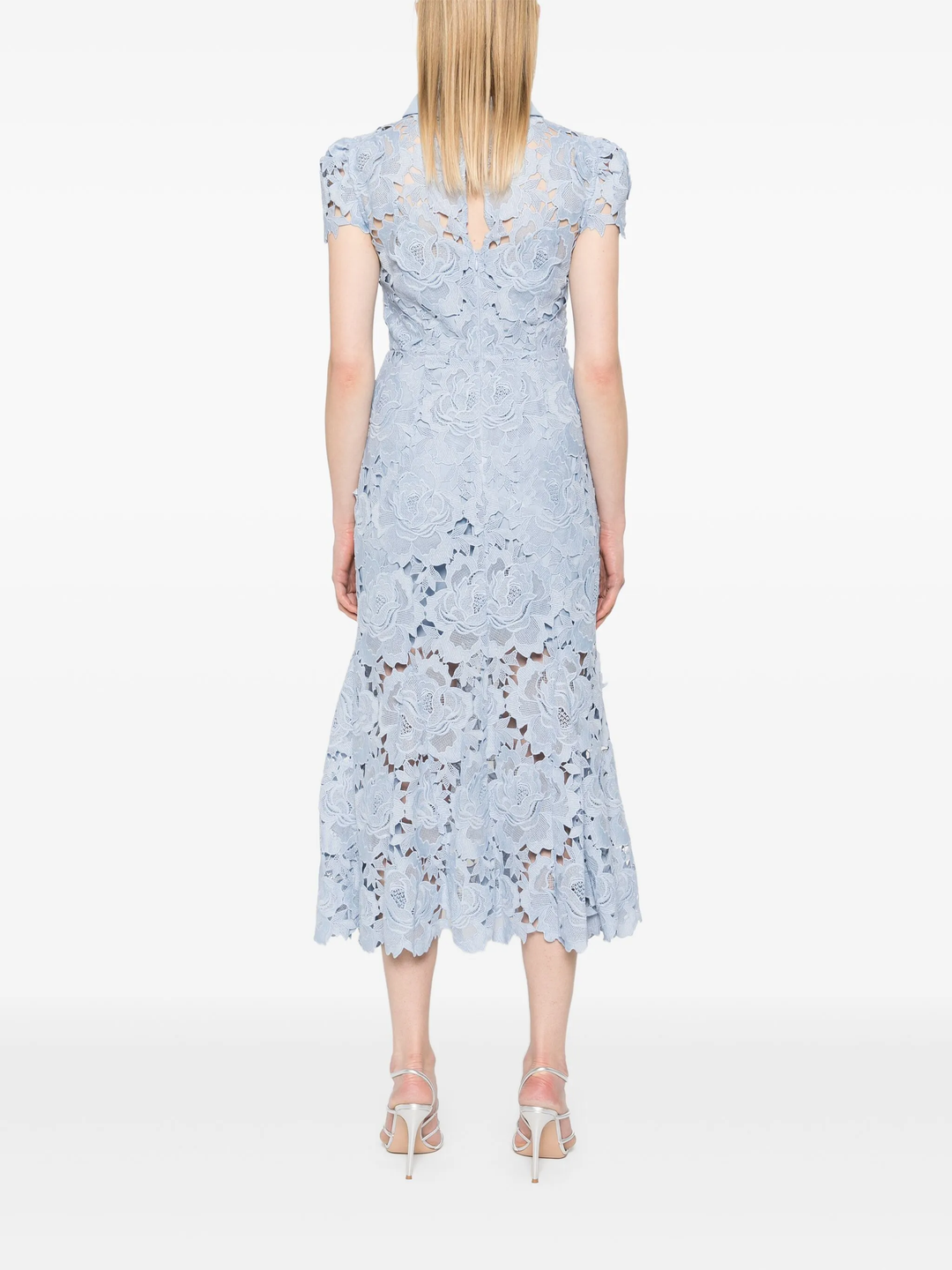 Blue Flower Lace Contrast Collar Midi Dress