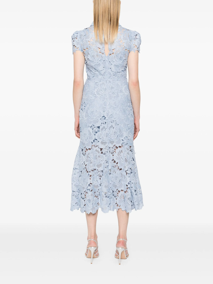 Blue Flower Lace Contrast Collar Midi Dress