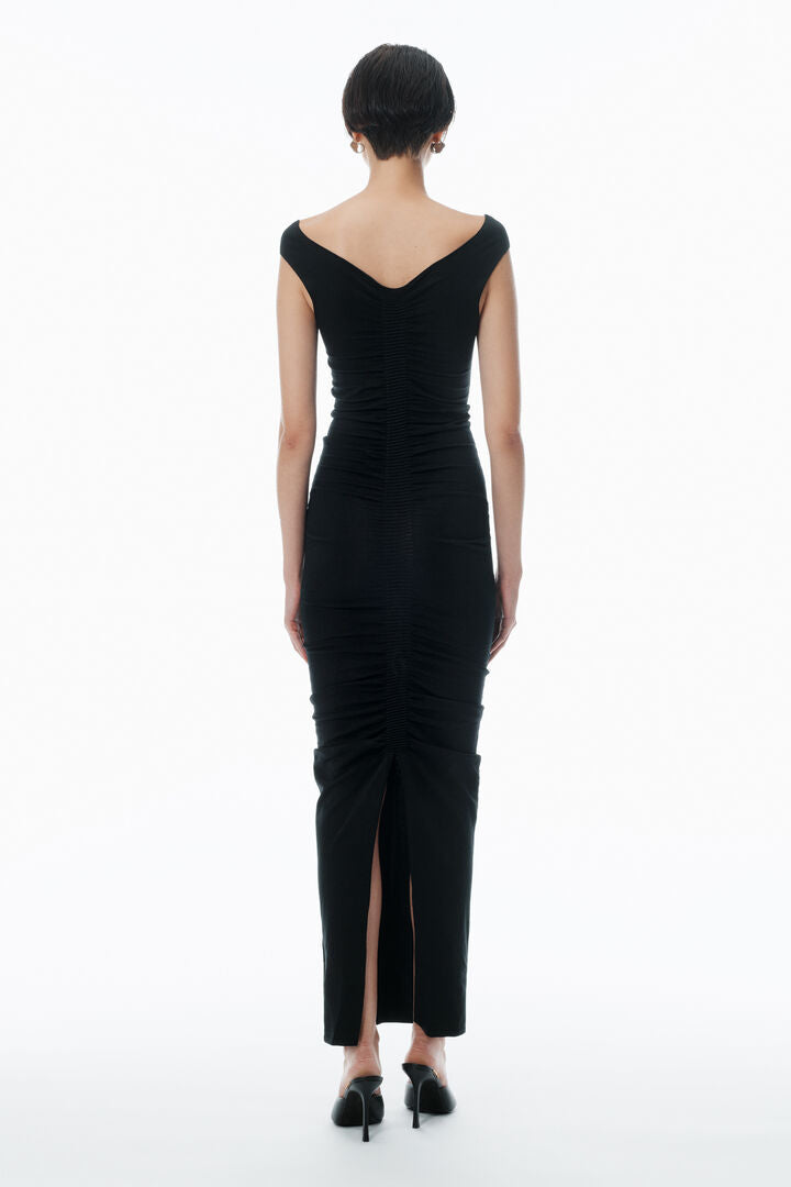 Ruched Wide V-Neck Maxi Dress