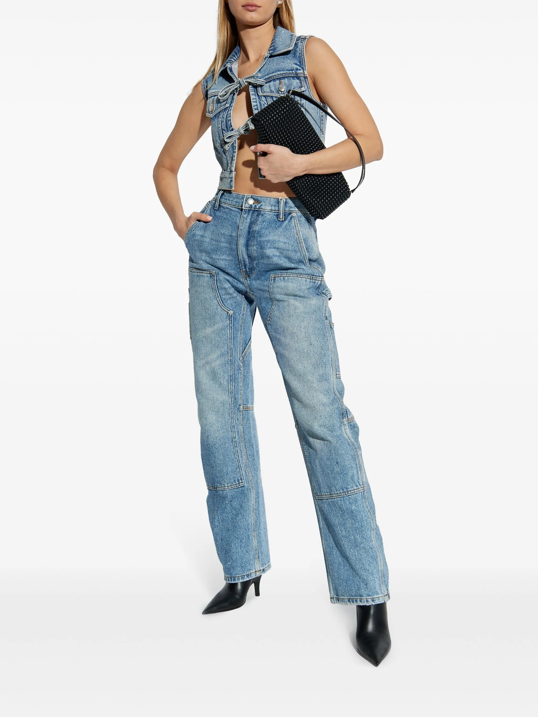 Clear Bead Hotfix Denim Vest With Tie Front