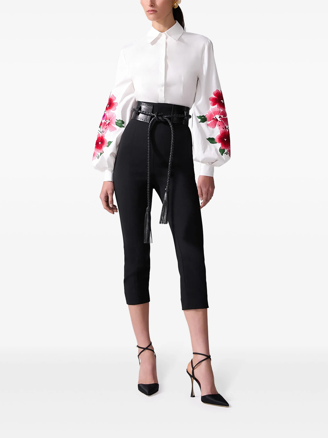 Embroidered Puff Sleeve Button Down Top