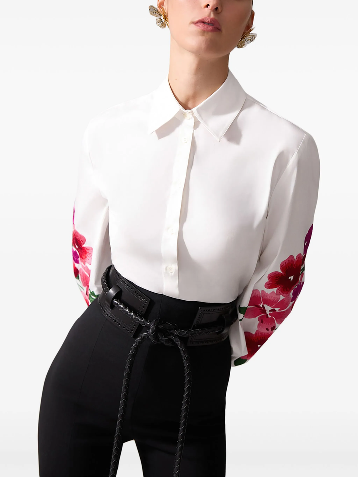 Embroidered Puff Sleeve Button Down Top