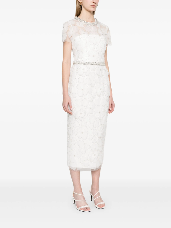 White Embellished Tulle Midi Dress