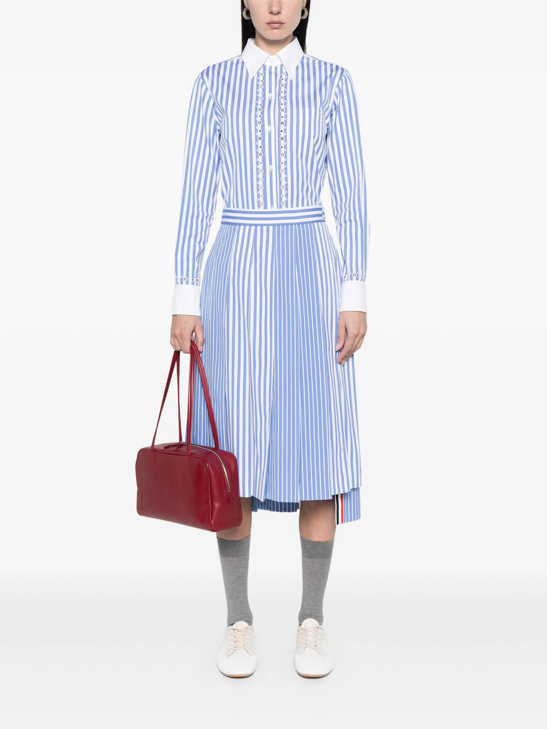 Awning Striped Poplin Pleated Skirt
