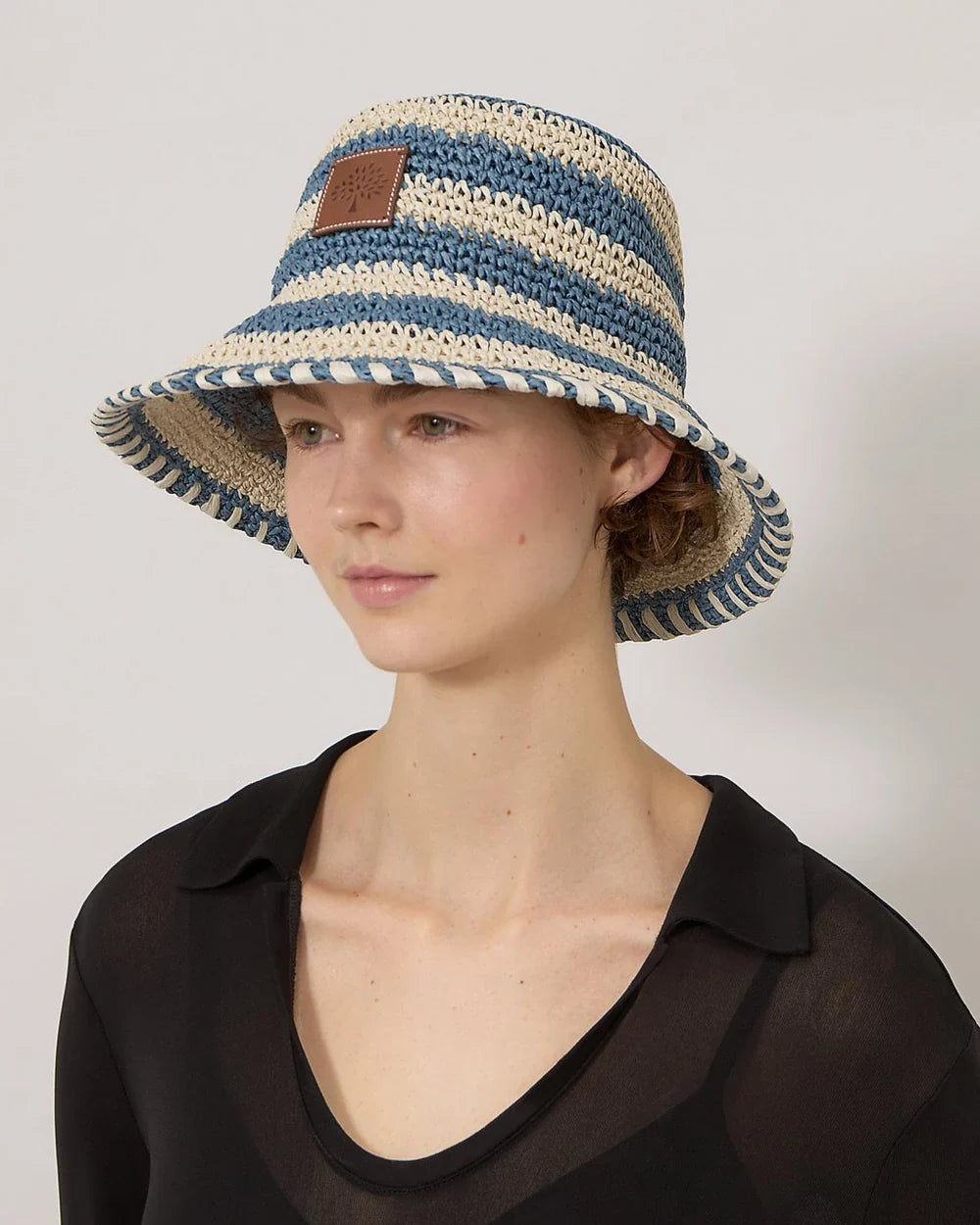 Horizontal Striped Bucket Hat Brighton Blue Paper Raffia