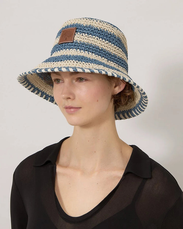 Horizontal Striped Bucket Hat Brighton Blue Paper Raffia