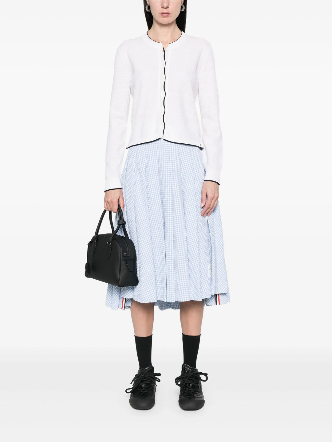 Wool Crepe 4-Bar Crew Neck Cardigan