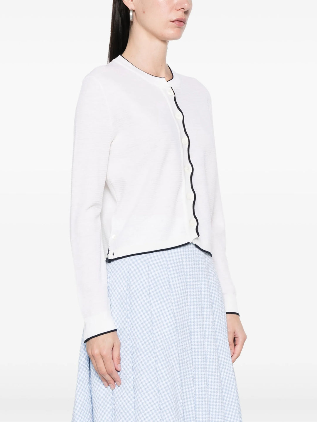 Wool Crepe 4-Bar Crew Neck Cardigan