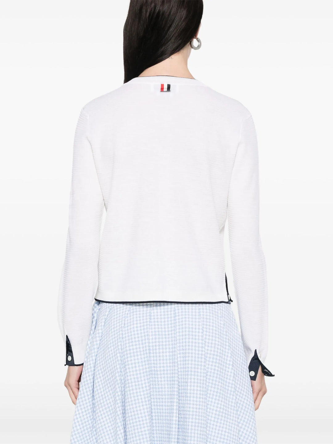 Wool Crepe 4-Bar Crew Neck Cardigan