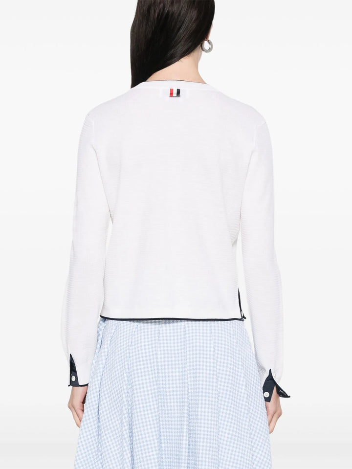 Wool Crepe 4-Bar Crew Neck Cardigan