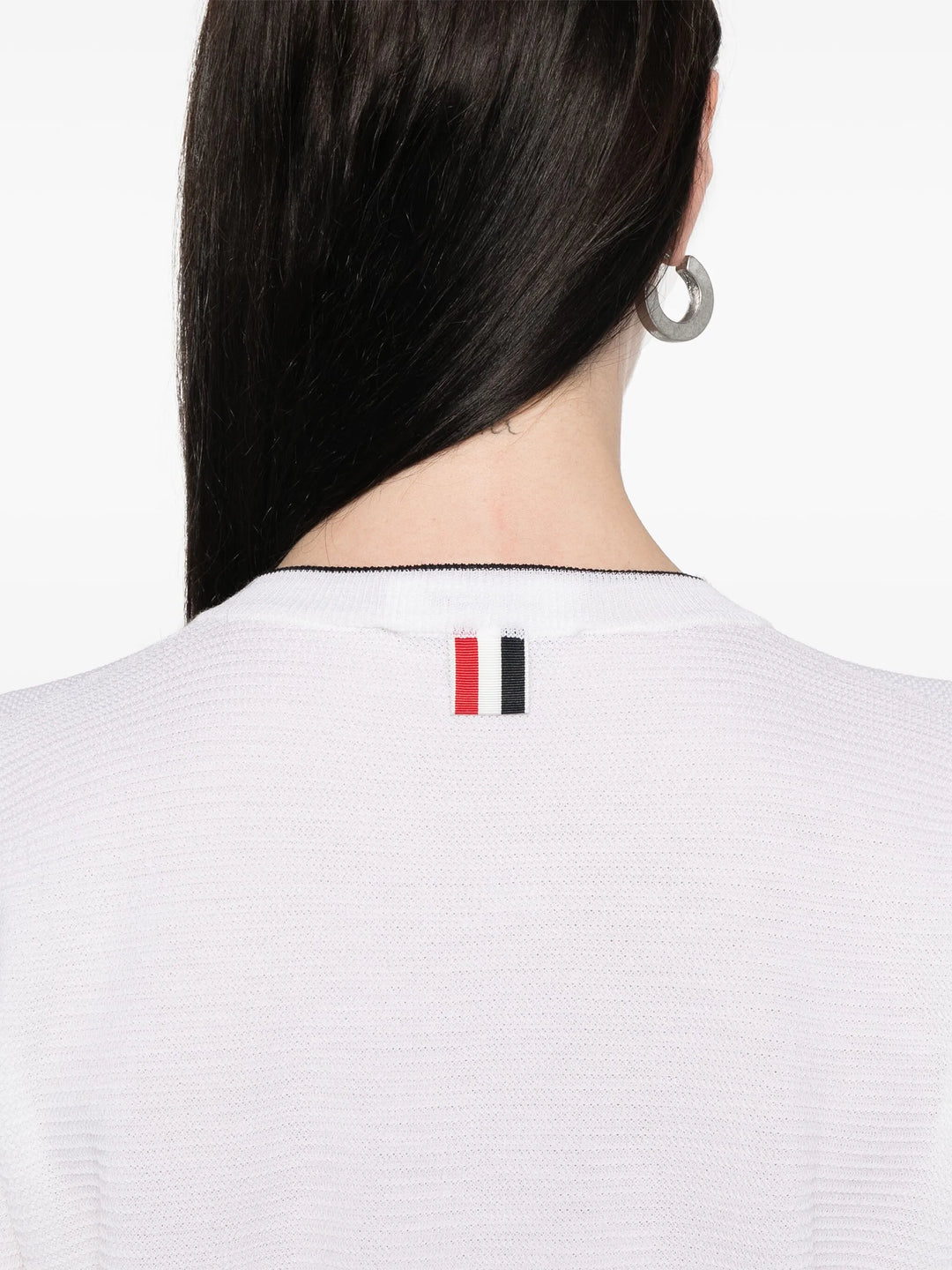 Wool Crepe 4-Bar Crew Neck Cardigan