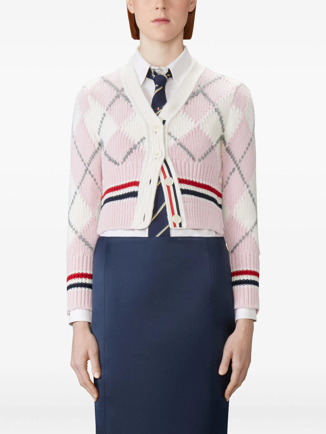 Argyle Intarsia Merino Wool Shrunken Cardigan