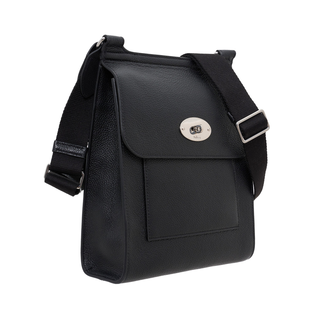 Mulberry Antony Messenger Bag in black pebbled leather with silver-tone postman's lock closure and adjustable black webbing strap