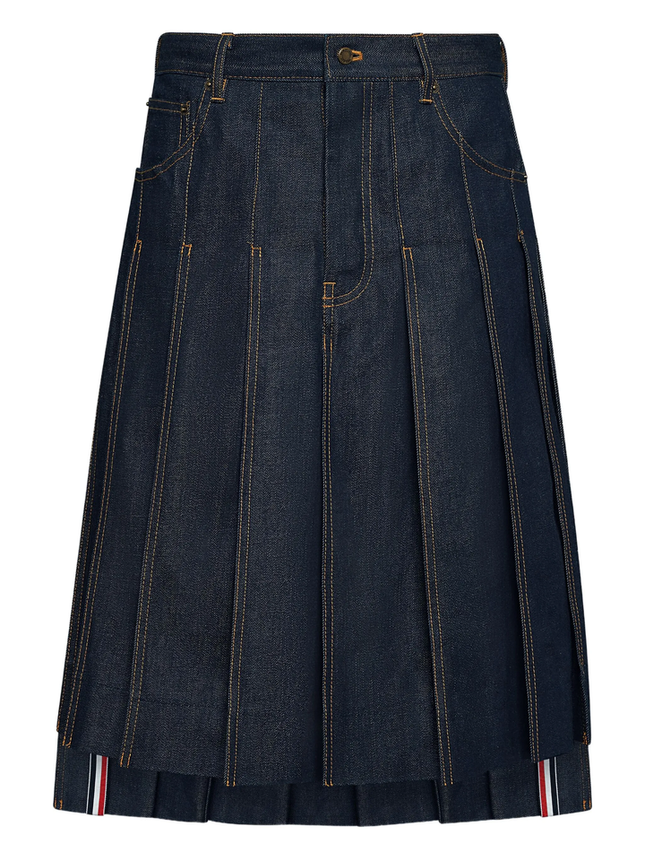 Denim 5 Pocket Knee Length Pleated Skirt