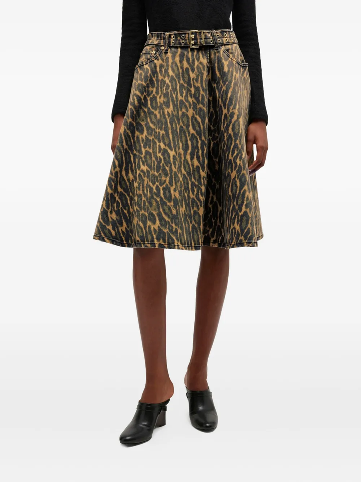 Print Denim Wrap Midi Skirt