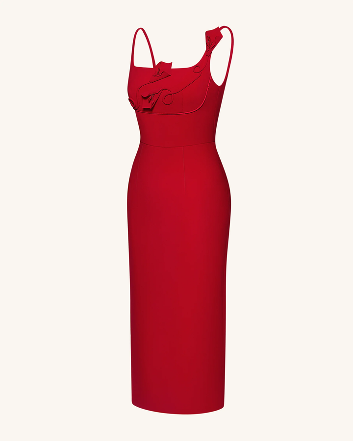 3D Floral Applique Square-Neck Dress