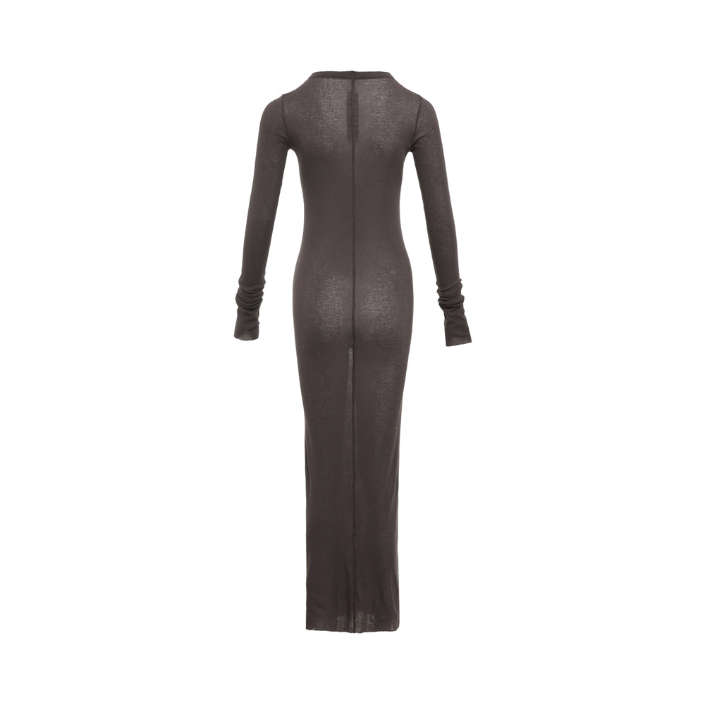 Rick Owens sage grey fine-gauge rib-knit maxi dress with mock neck, long sleeves with ruched cuffs, and side slit, displayed on a ghost mannequin against a white background